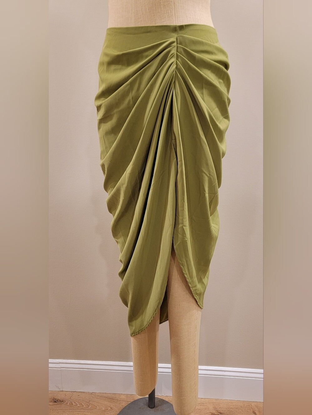 Chartreuse Green Ruched Draped Midi Skirt